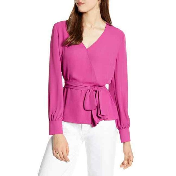 Halogen Tops - HALOGEN XS Petite Purple Clover Faux Wrap Blouse